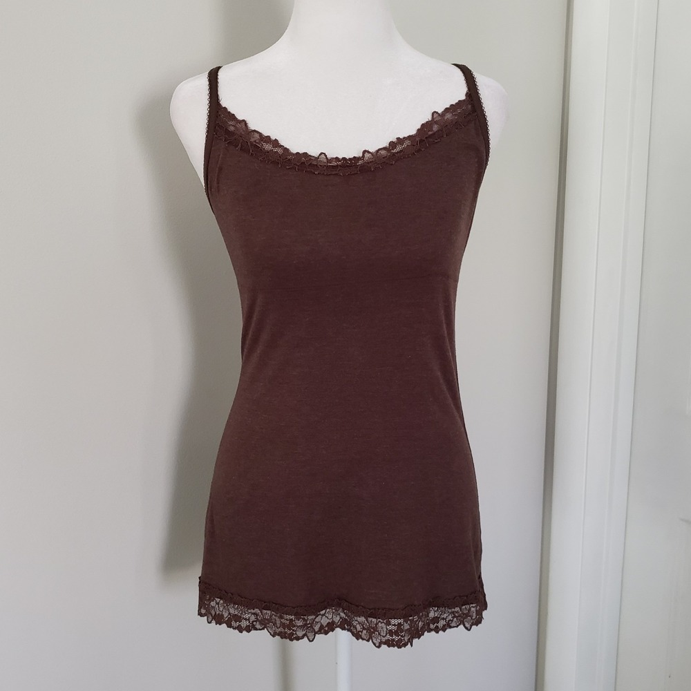 Y2K Lace Trimmed Babydoll Tank Top MEDIUM Fairy Grunge Layer Fitted Women Brown